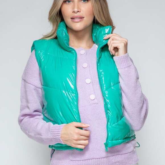 Snobbish Jackets & Blazers - Snobbish Zip Up Turtleneck Shiny Quilted Vest